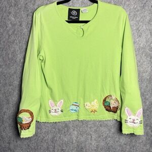 Michael Simon Easter Event Shirt Women's Sz M Lime Green With Embroidery Bunnies